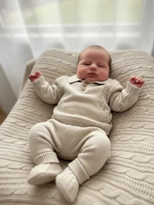 Zestaw niemowlęcy premium – sweterek, spodnie, kocyk i buciki