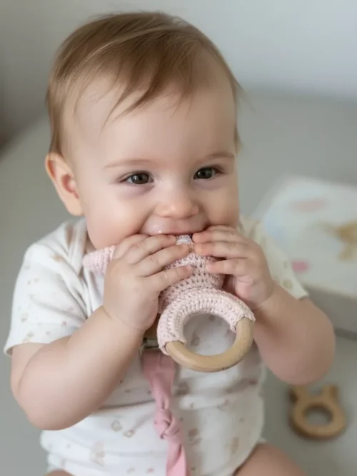 Zestaw prezentowy dla niemowlaka – gryzak drewniany i zawieszka do smoczka z króliczkiem (Beżowy)