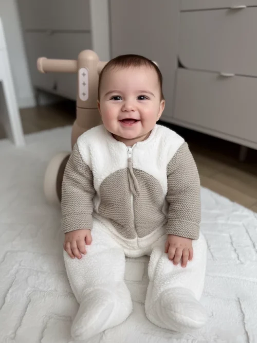 Kombinezon niemowlęcy ocieplany z kapturem – miękki pajac dla noworodka (beżowo-kremowy)