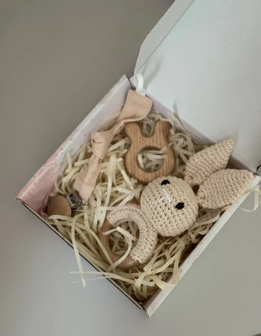 Zestaw prezentowy dla niemowlaka – gryzak drewniany i zawieszka do smoczka z króliczkiem (Beżowy) - obrazek 3