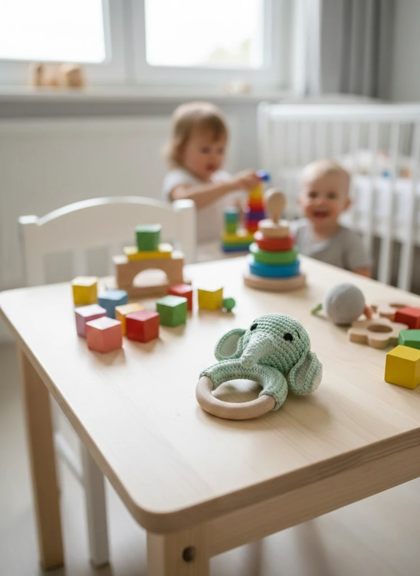 Zestaw prezentowy dla niemowlaka – gryzak drewniany i zawieszka do smoczka (słonik) - obrazek 2